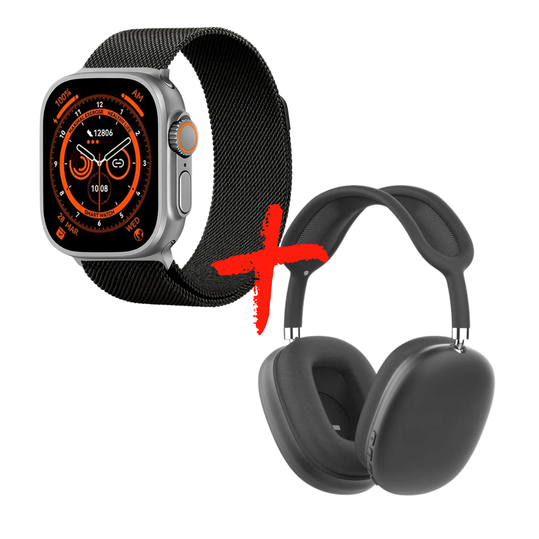 Combo Reloj Smartwatch Ultra 2 Max con 3 Mallas Intercambiables + Auricular P9 Plus Max